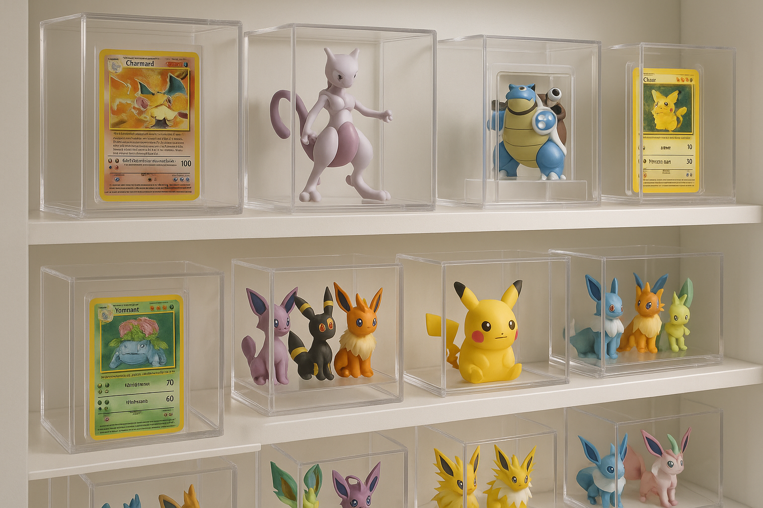 pokemon collectable items displayed in acrylic display cases
