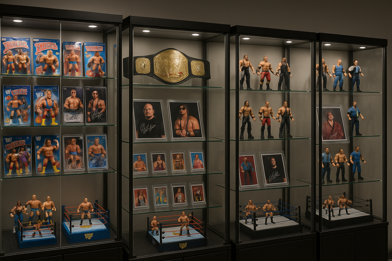wrestling collectable items in display cases